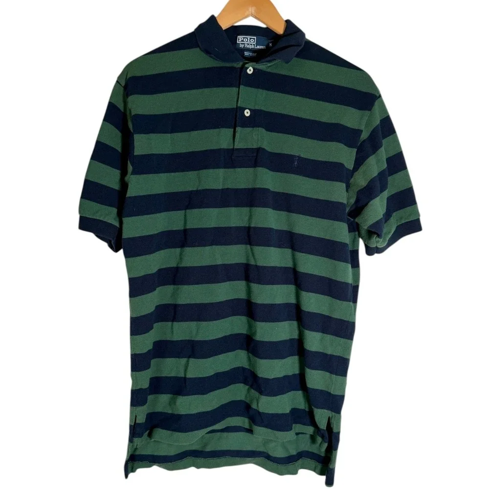 Vintage Polo Ralph Lauren Men's Striped Short Sleeve Polo Shirt Green Blue Med